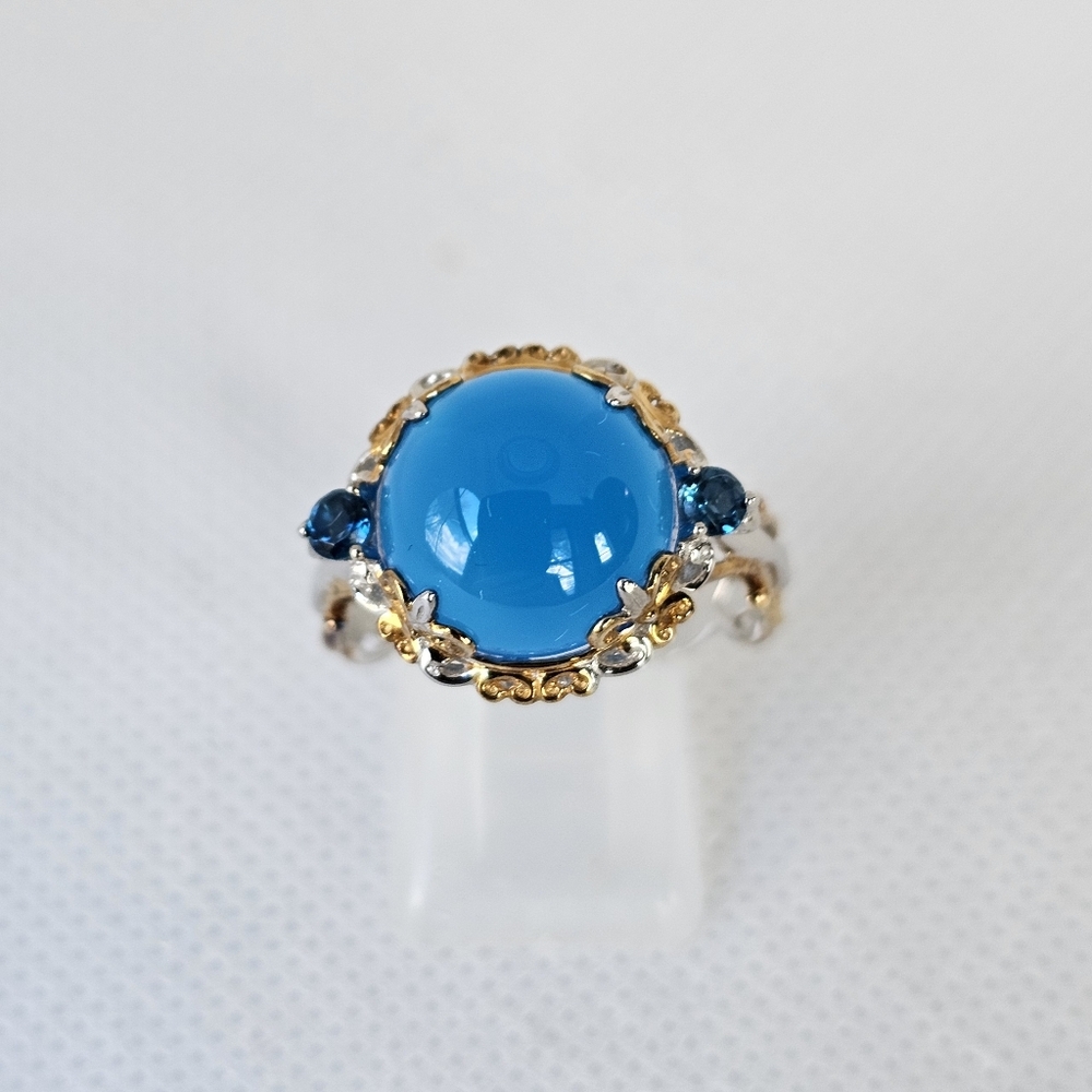 Gems En Vogue Blue Chalcedony & Topaz Ring 18K Palladium Sterling Silver Sz 11